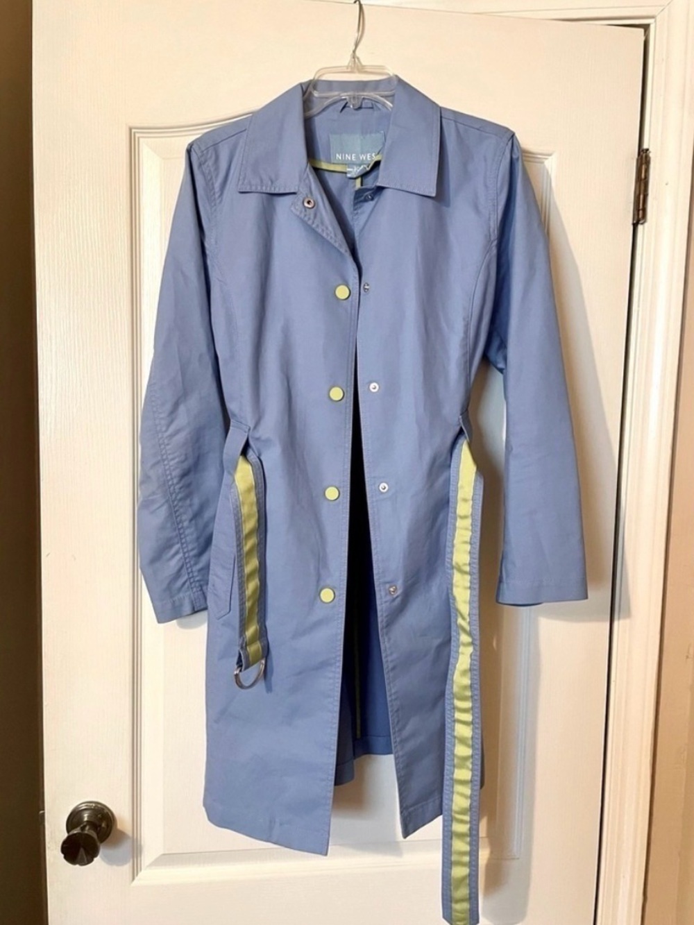 Nine West 90s Y2K Blue Rain Trench Coat Lime Green Trim Belted Size L  Coastal - Picture 4 of 9